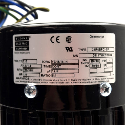 New Bodine Electric 0511 34R-5F Series AC Right Angle Gearmotor 115VAC 1.8/1.4A, 5:1