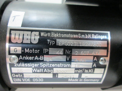 Used WEG EPG 023L1 G24 Gearmotor 240:1 12.5RPM Output 24VDC 3.5A 14mm Shaft