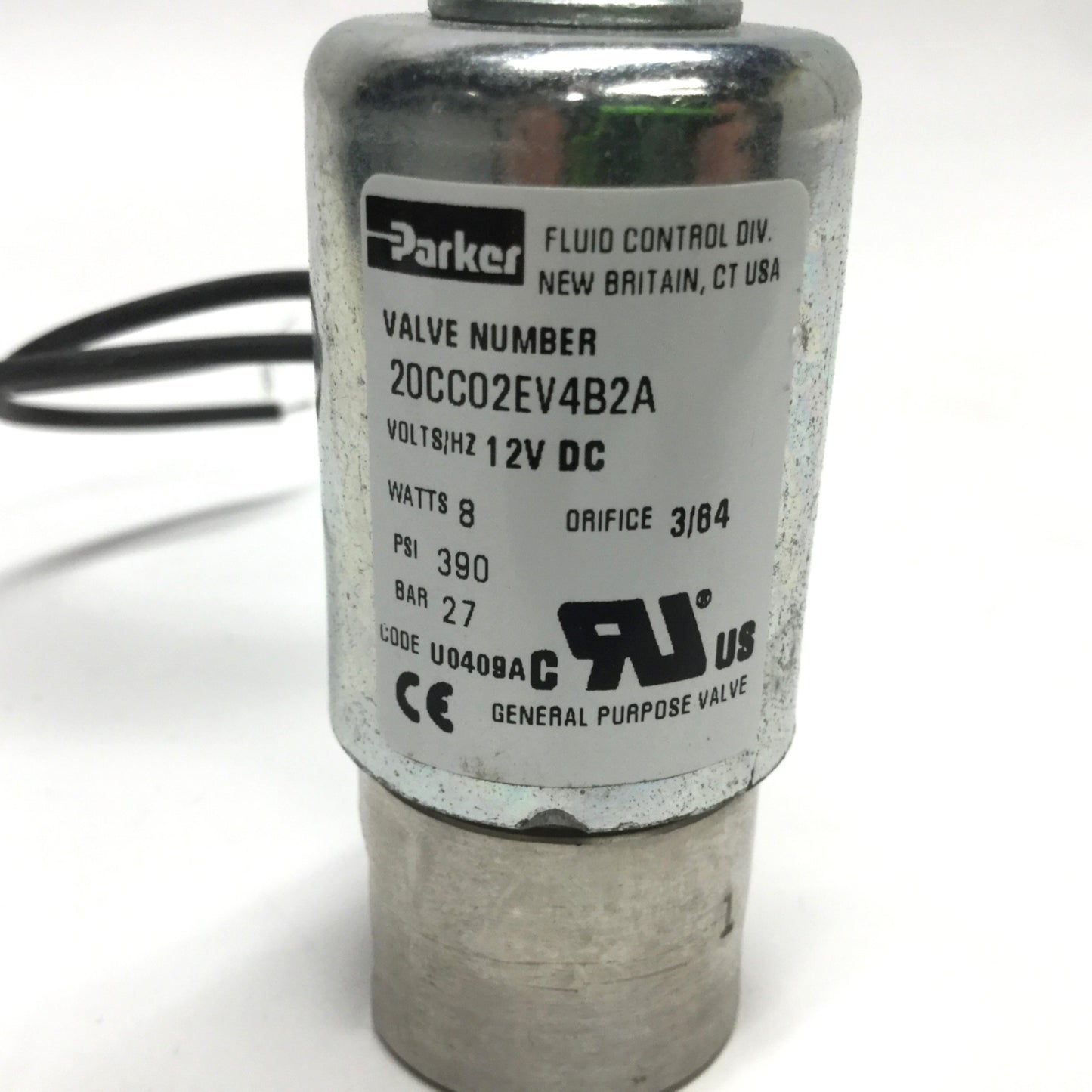 Used Parker 20CC02EV4B2A Solenoid Valve 2-Way NC, 12VDC, 1/8" NPT, 390psi