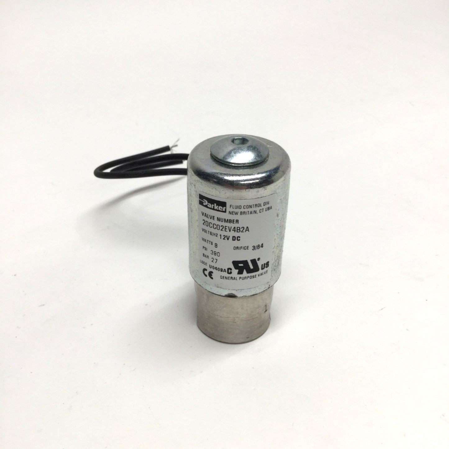 Used Parker 20CC02EV4B2A Solenoid Valve 2-Way NC, 12VDC, 1/8" NPT, 390psi
