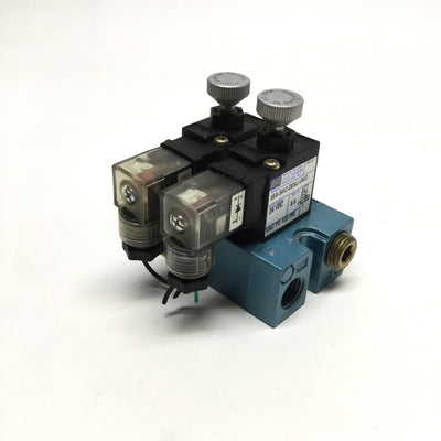 Used Bank of 2 MAC 35A-SAC-DDAJ-4KG Solenoid Valves 2-Position 3-Way NC 24VDC 1/4"NPT