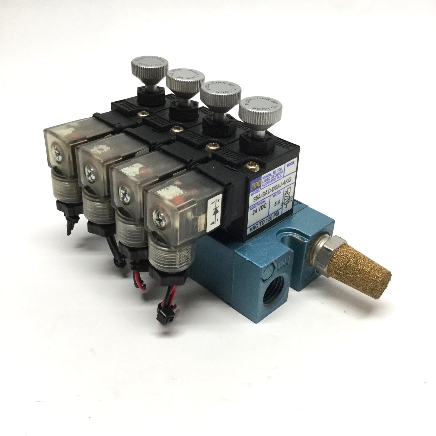 Used Bank of 4 MAC 35A-SAC-DDAJ-4KG Solenoid Valves 2-Position 3-Way NC 24VDC 1/4"NPT
