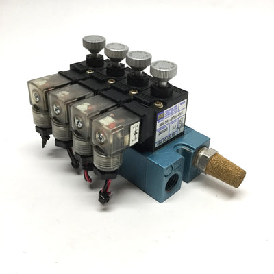 Used Bank of 4 MAC 35A-SAC-DDAJ-4KG Solenoid Valves 2-Position 3-Way NC 24VDC 1/4"NPT