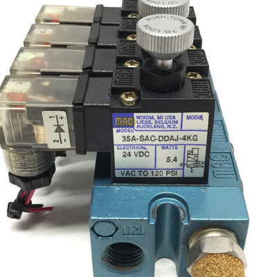 Used Bank of 4 MAC 35A-SAC-DDAJ-4KG Solenoid Valves 2-Position 3-Way NC 24VDC 1/4"NPT