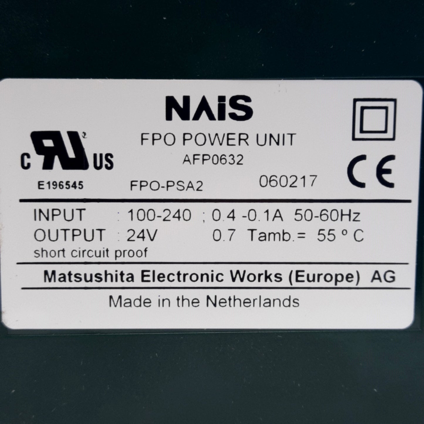 New NAIS FPO-PSA2 Power Supply, 100-240V 0.4-1.0A Input, 24V 0.7A Output, DIN Rail