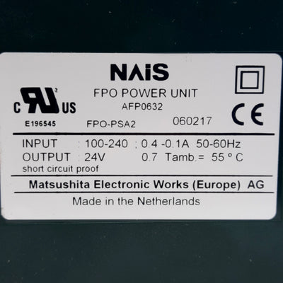 New NAIS FPO-PSA2 Power Supply, 100-240V 0.4-1.0A Input, 24V 0.7A Output, DIN Rail
