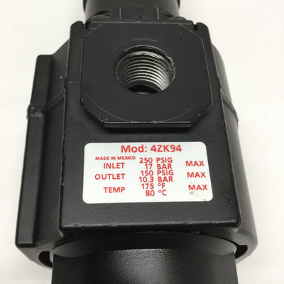 Used Dayton 4ZK94 Air Filter/Pressure Regulator 250psi In, 5-150psi, 3/8" NPT, 40µm