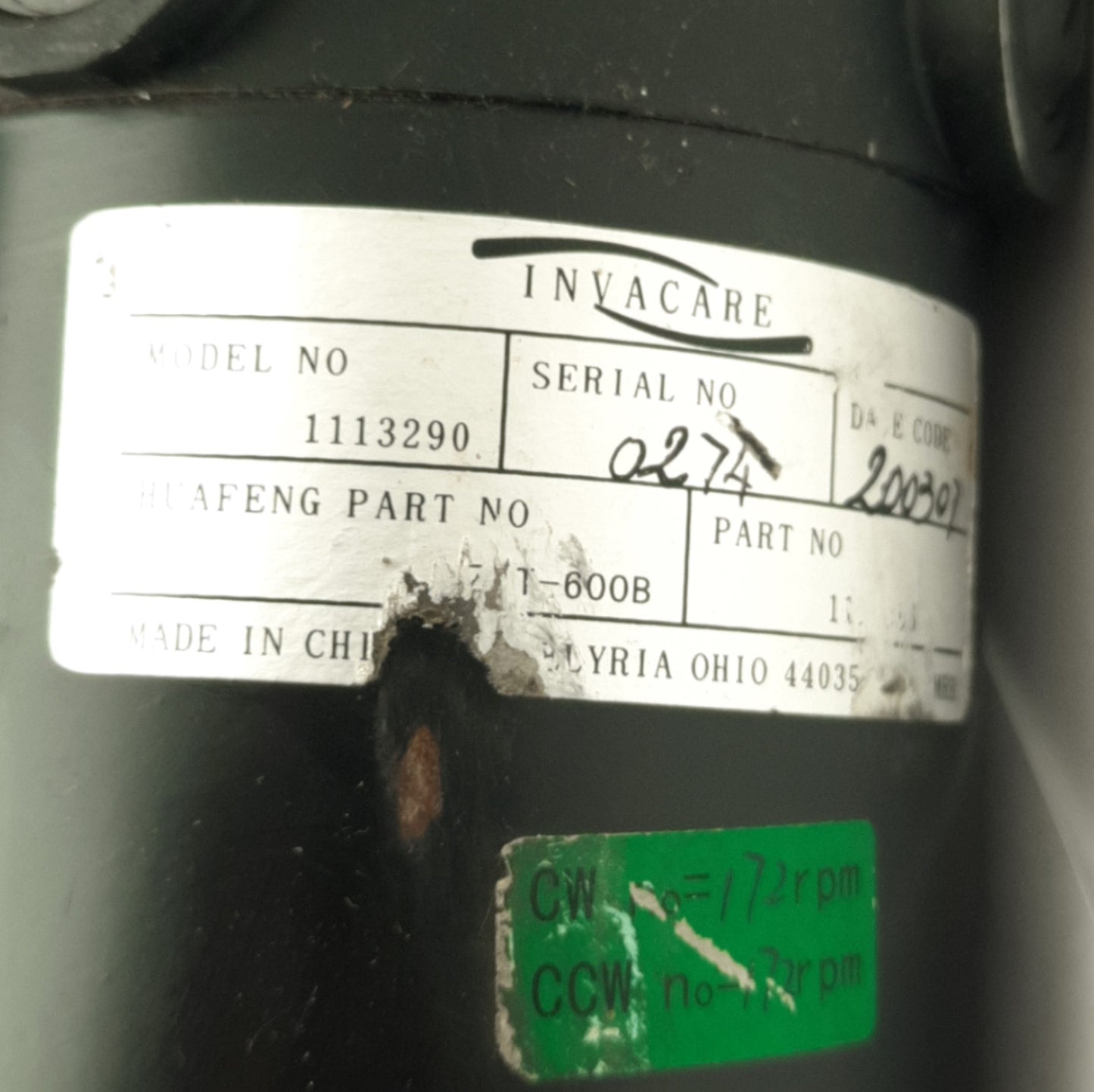 Used Invacare 1113290 Right Motor/Gearbox For TDX Storm Power Chair, 24VDC