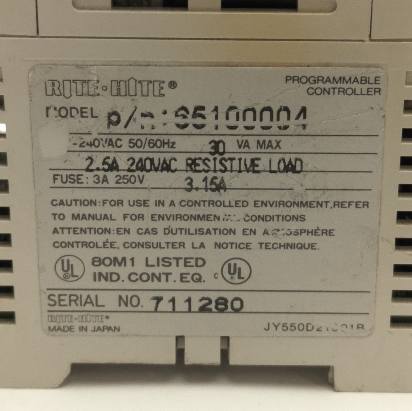 Used Rite-Hite 6510004 Programmable Logic Controller, 240V Supply, 240V 2.5A Load