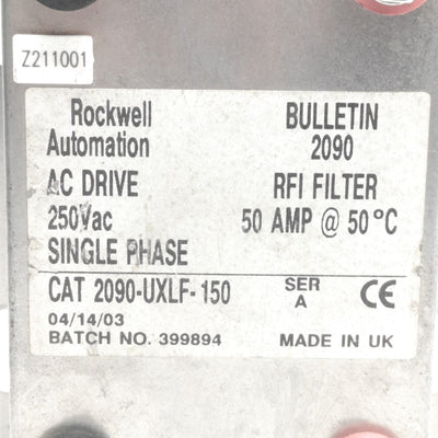 Used Rockwell Automation 2090-UXLF-150 AC Drive RFI Line Filter, 240VAC 50A, 1-Phase