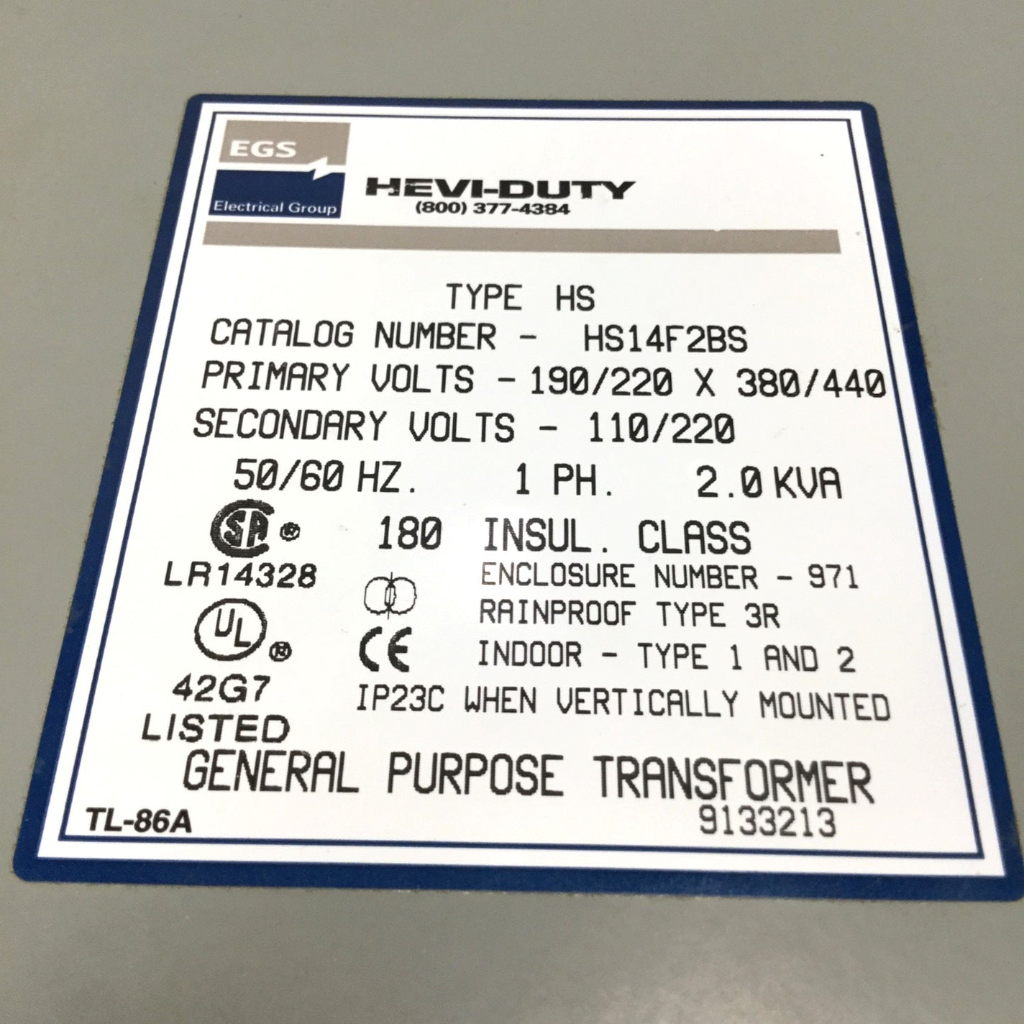 Used EGS Hevi Duty HS14F2BS Transformer 2kVA Pri: 190/220V x 380/440V Sec: 110/220V