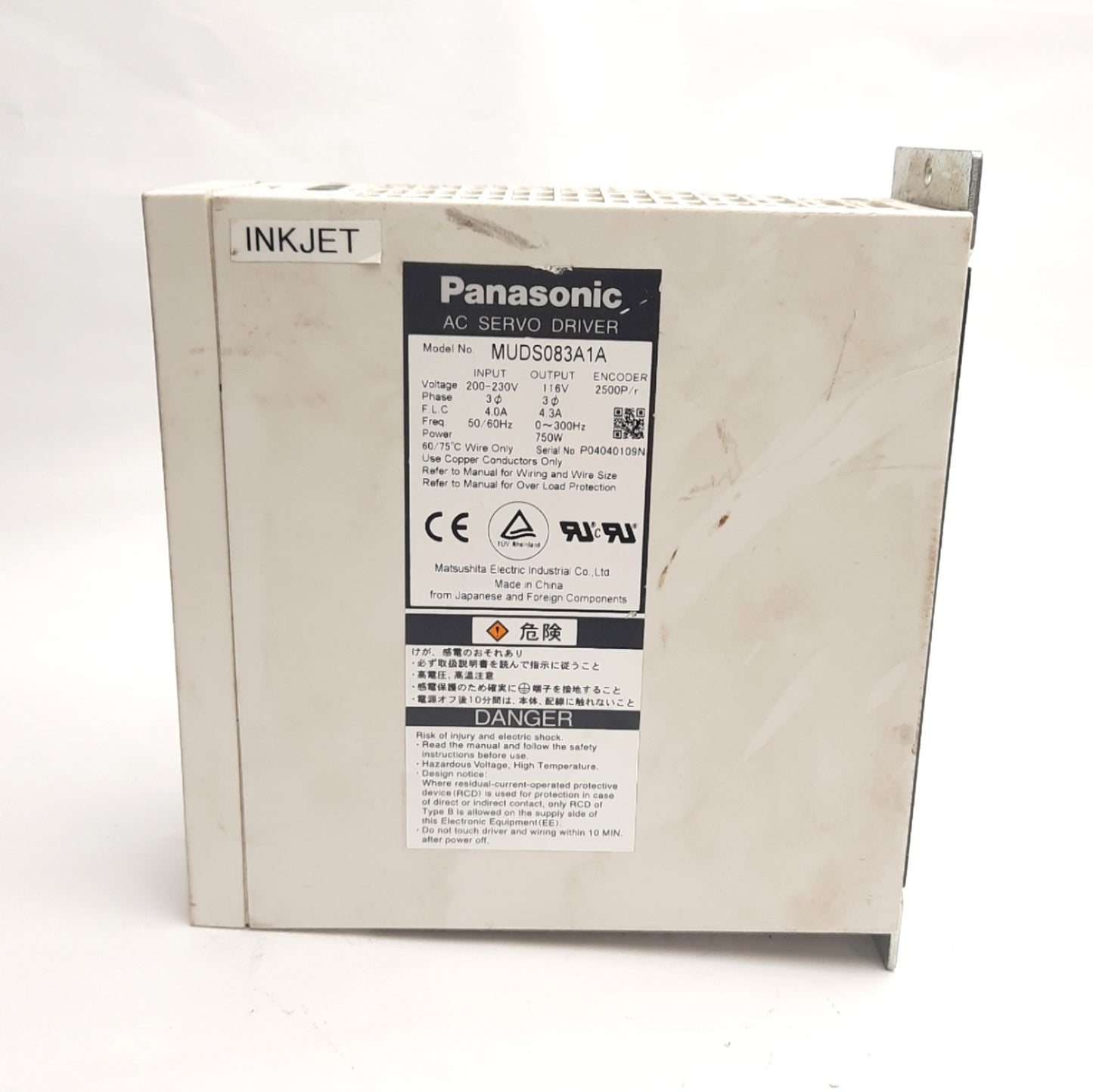 Used Panasonic MUDS083A1A Servo Drive, 200-230VAC 3-Ph Input, 116V 4.3A 750W Output