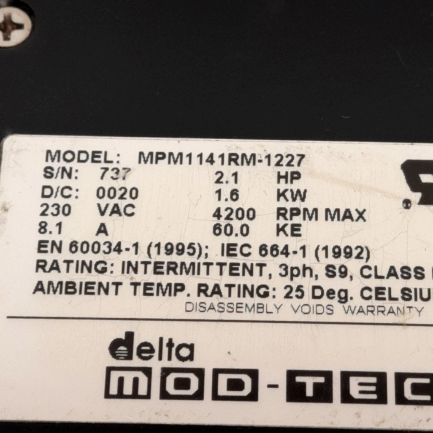 Used Parker MPM1141RM-1227 MaxPlus Servo Motor, 3PH 230VAC 8.1A, 2.1HP 1.6kW, NEMA 42