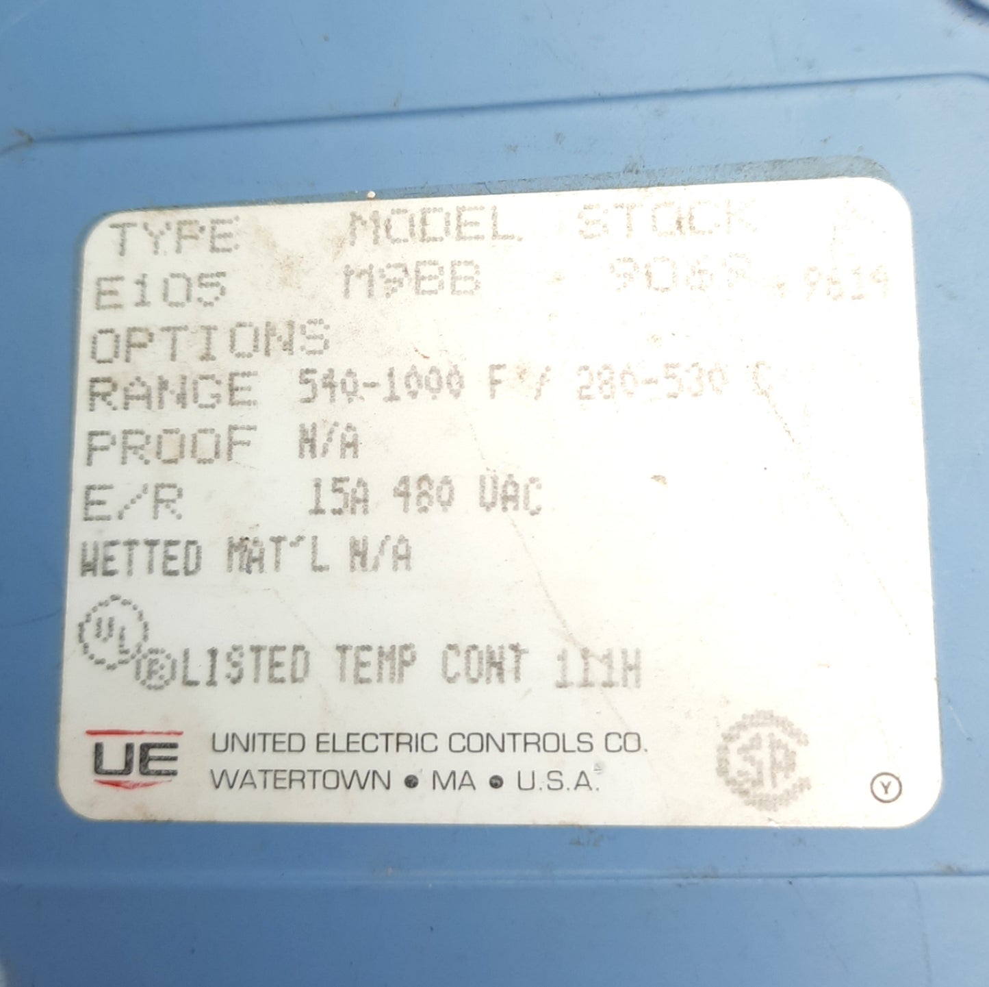 Used United Electric E105M9BB Temperature Switch, 540-1000°F, 15A 480VAC, 1/8" Probe