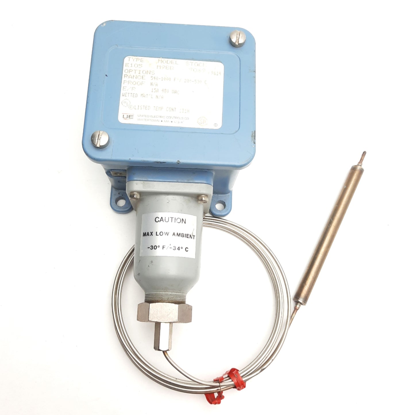 Used United Electric E105M9BB Temperature Switch, 540-1000°F, 15A 480VAC, 1/8" Probe