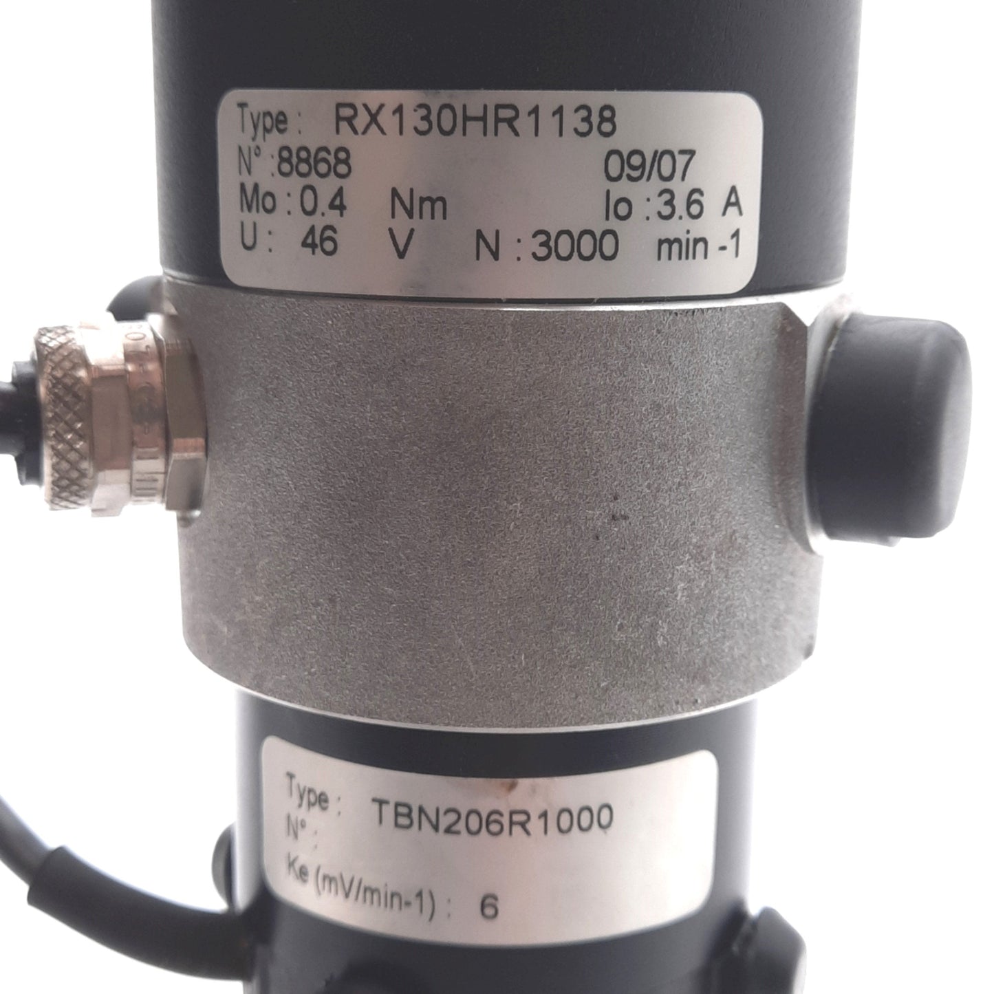 Used Parker RX130HR1138 DC Servo Motor 46VDC 3.4A, 3000RPM, 0.4Nm, 6mV/rpm Tachometer