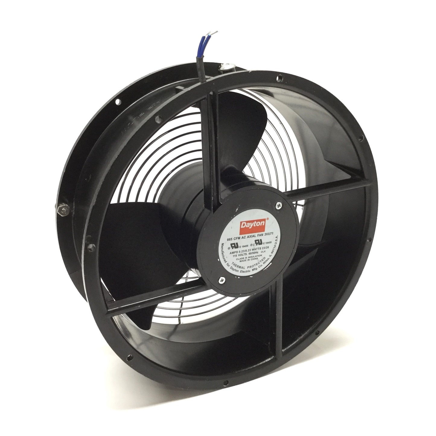 Used Dayton 3VU71 Round Ball Bearing Axial Fan Ø10" x 3.5" D, 115VAC, 22CFM, 1600RPM