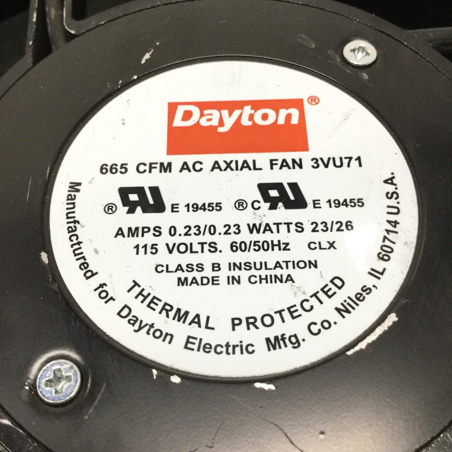 Used Dayton 3VU71 Round Ball Bearing Axial Fan Ø10" x 3.5" D, 115VAC, 22CFM, 1600RPM