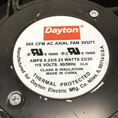 Used Dayton 3VU71 Round Ball Bearing Axial Fan Ø10" x 3.5" D, 115VAC, 22CFM, 1600RPM