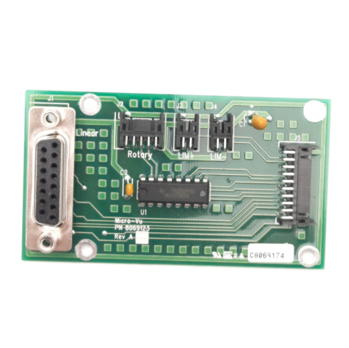 Used Micro-Vu 8069123 Linear Encoder Control Board For Vertex 400 Series, 90° D-Sub