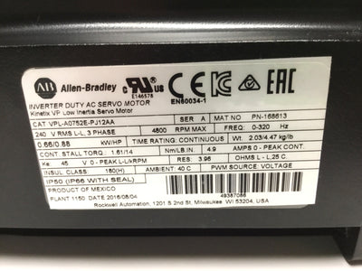 Used Allen Bradley VPL-A0752E-PJ12AA Kinetix Inverter Duty AC Servo Motor 240VAC 3PH