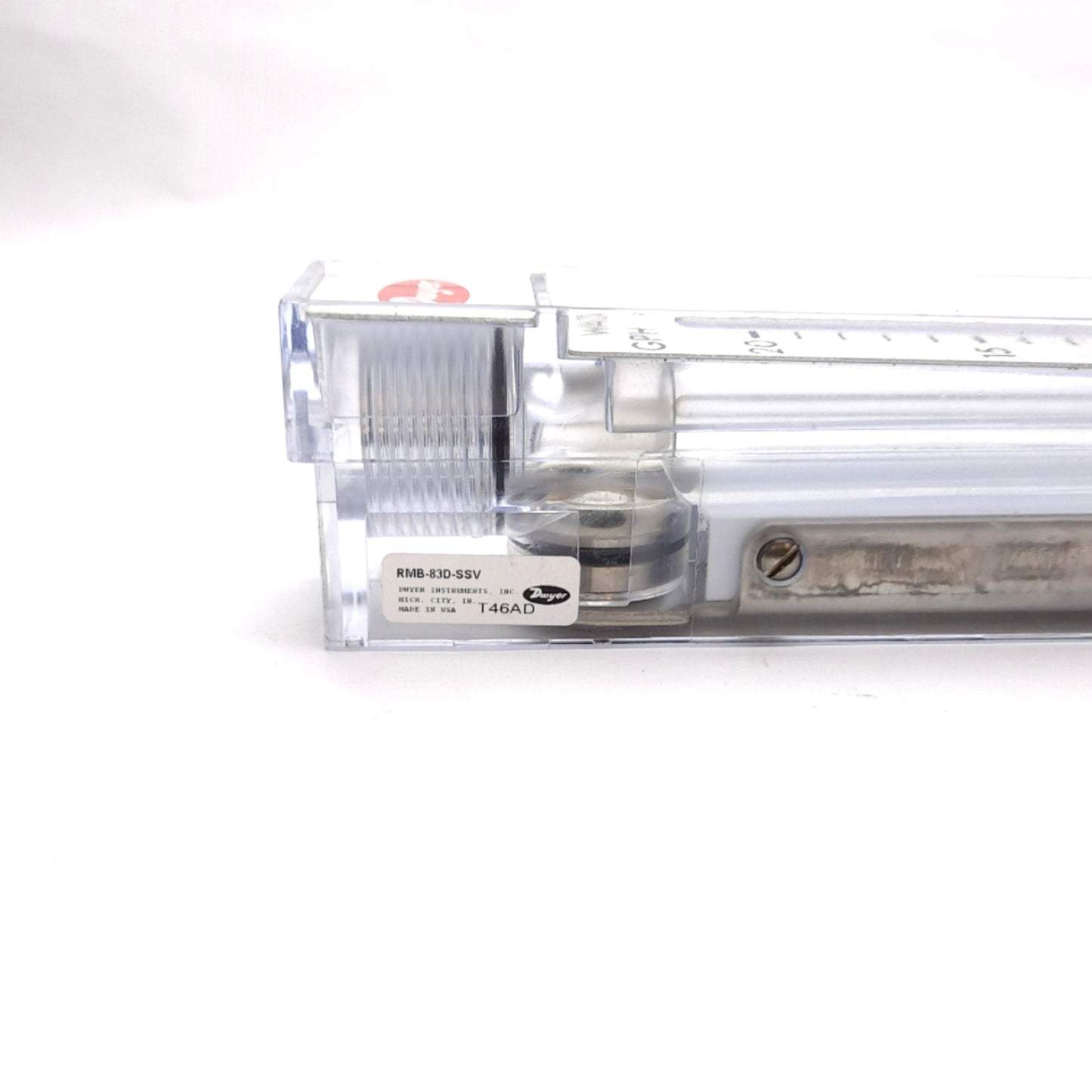 Used Dwyer RMB-83D-SSV Flowmeter, 5" Scale, 20GPH & 1.2l/min, 1/4" NPT, 100Psi Max