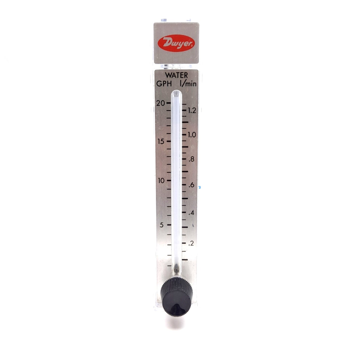 Used Dwyer RMB-83D-SSV Flowmeter, 5" Scale, 20GPH & 1.2l/min, 1/4" NPT, 100Psi Max
