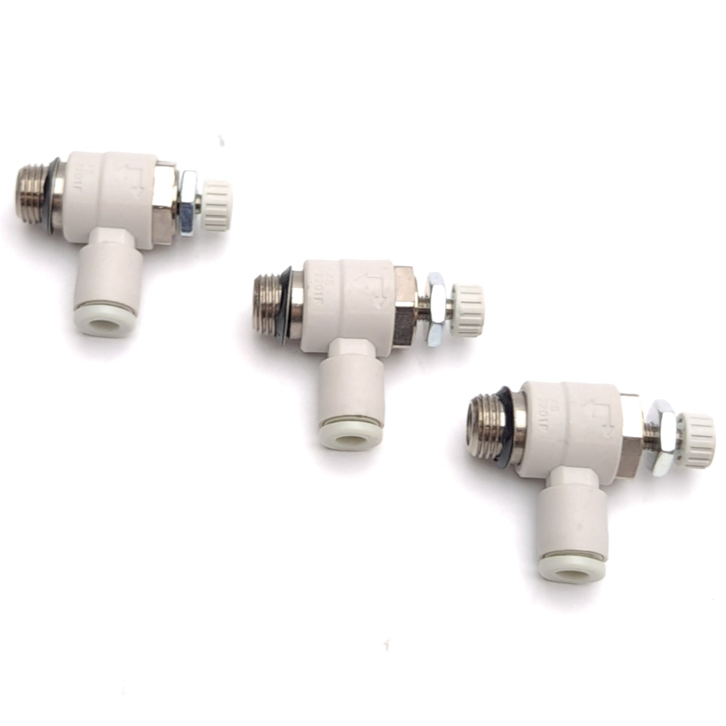 Used Lot of 3 SMC AS2201F-U01-04 Flow Control Fitting, 1/8 Uni to 4mm Tube
