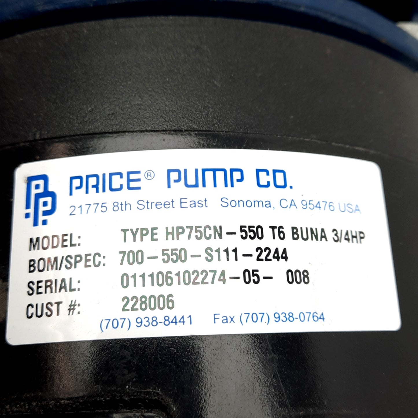 Used Price Pump Co HP75CN-550 T6 BUNA 3/4HP Commercial AC Pump, 115/230VAC, 1/2GPM