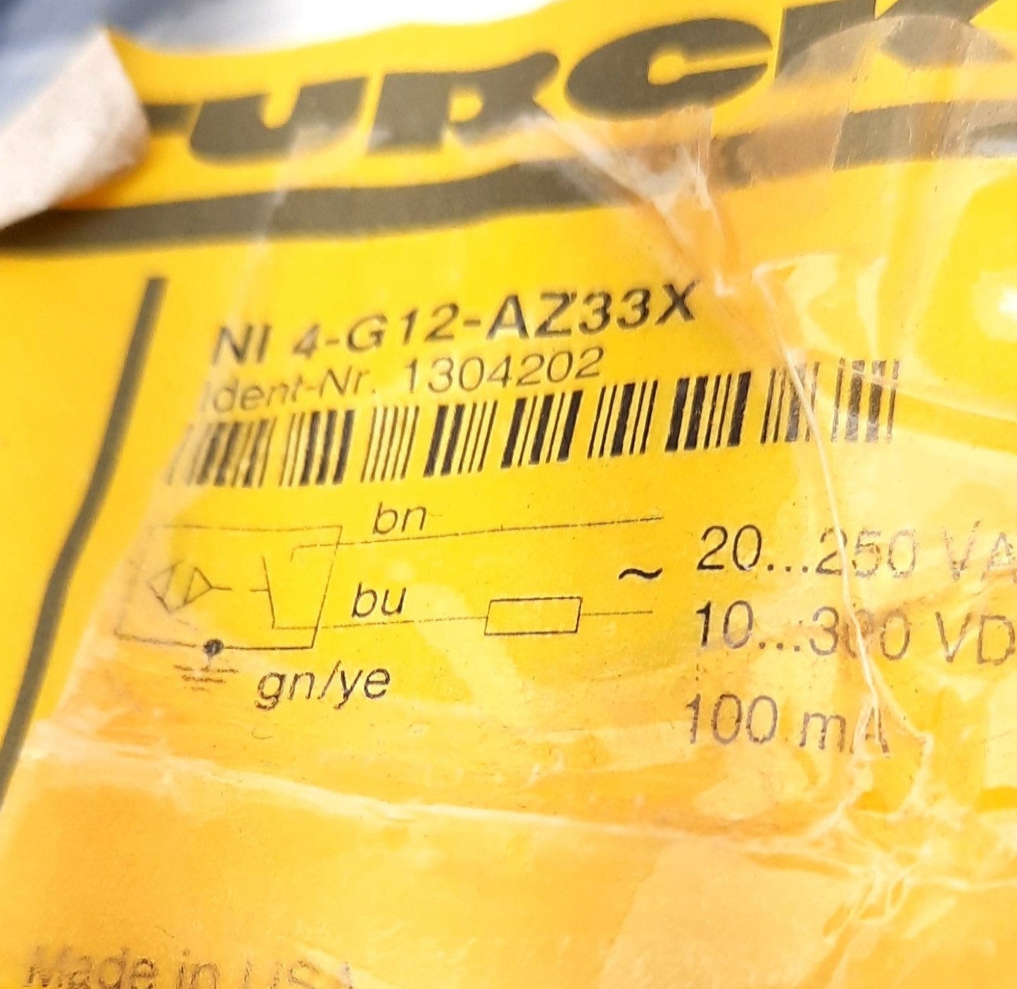 New Turck NI4-G12-AZ33X Proximity Sensor M12, 20-250VAC, 10-300VDC, 200mA, 4mm, N.O
