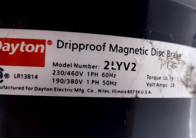 Used Dayton 2LYV2 Brake Magnetic Disc Single Phase 230/460VAC, 3,450RPM, 5/8" Shaft