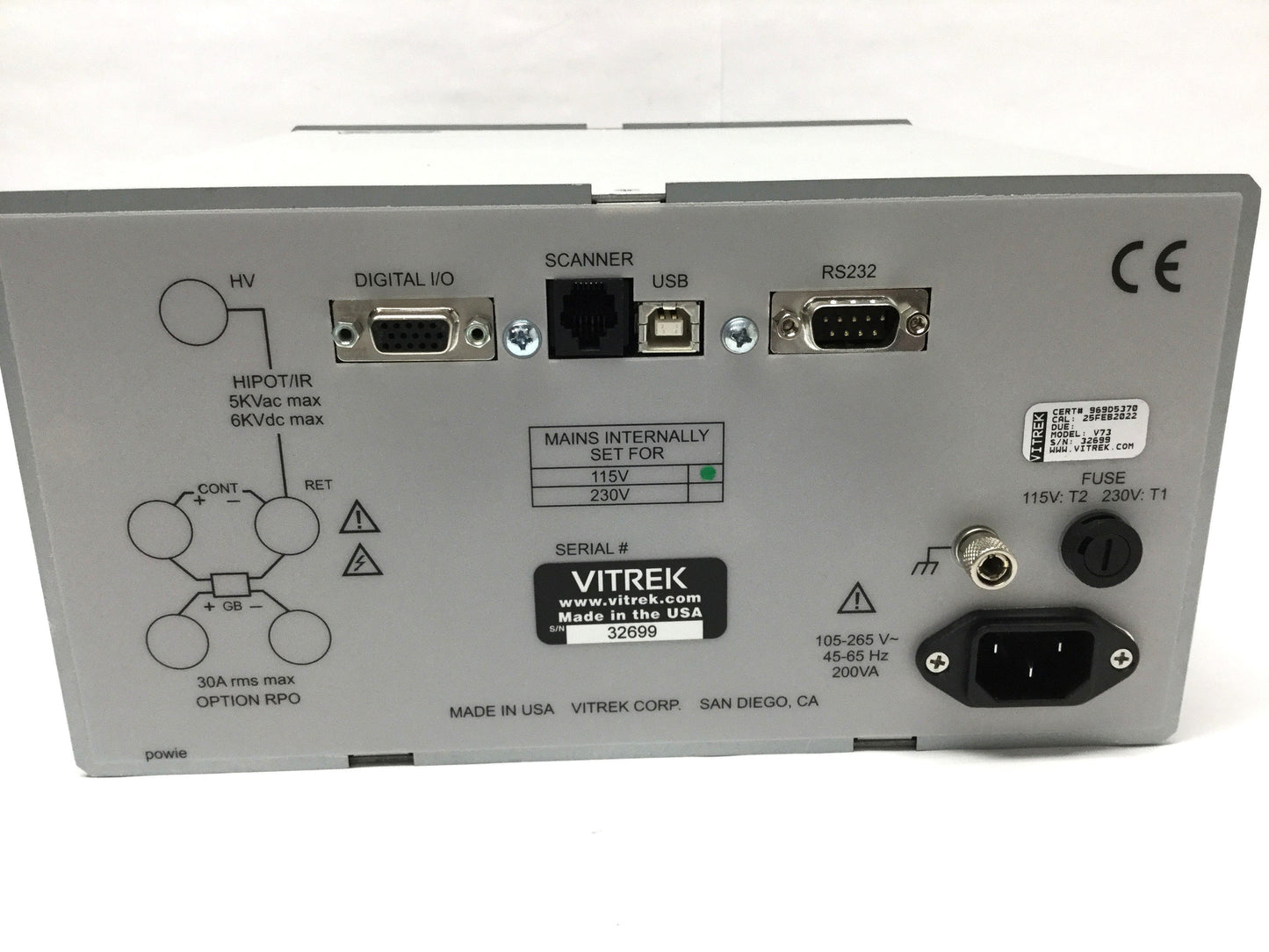 Used Vitrek V73 AC/DC/IR Hipot Safety Tester, 5KV, 115VAC, 40k s/sec DSP, USB/RS232