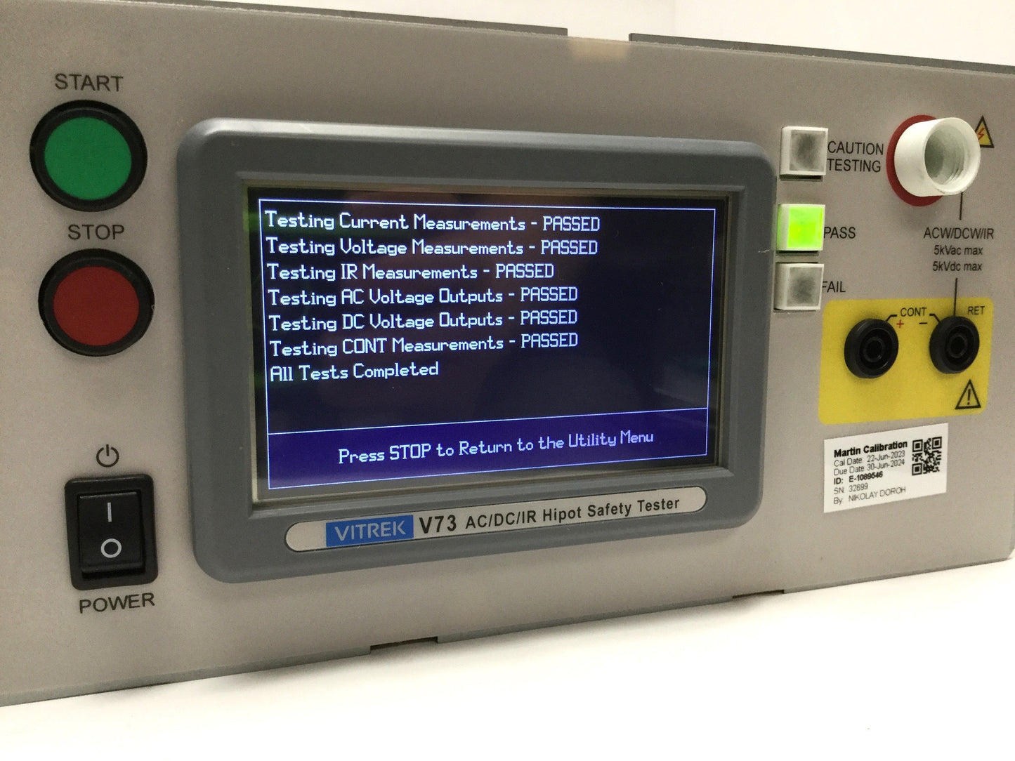 Used Vitrek V73 AC/DC/IR Hipot Safety Tester, 5KV, 115VAC, 40k s/sec DSP, USB/RS232