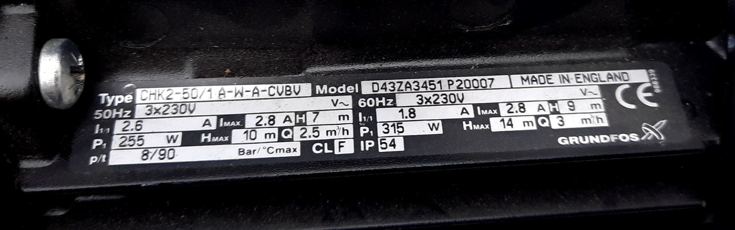 Used Grundfos CHK2-50/1 A-W-A-CVBV Coolant Pump 230VAC, 1.8A-2.8A 3m^3/H 9Meters Head