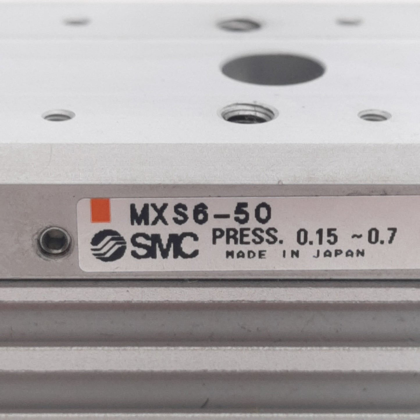 Used SMC MXS6-50 Pneumatic Slide Table, 50mm Stroke, ø6mm Bore, 0.15-0.7MPa, M3x0.5