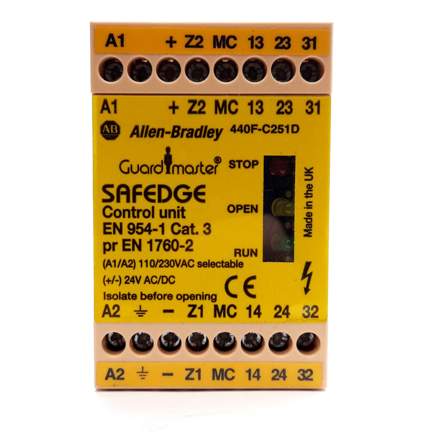 Used Allen Bradley 440F-C251D Guardmaster Safedge Control Unit, 2NO+1NC, DIN Rail