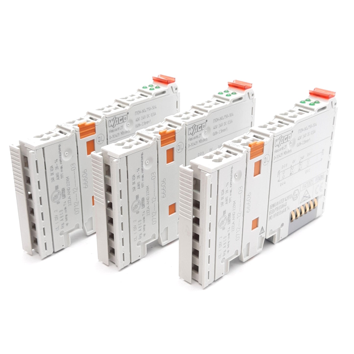 Used Lot of 3 WAGO 750-504 Digital Output Module, 4-Channel, 24VDC 0.5A, DIN Rail
