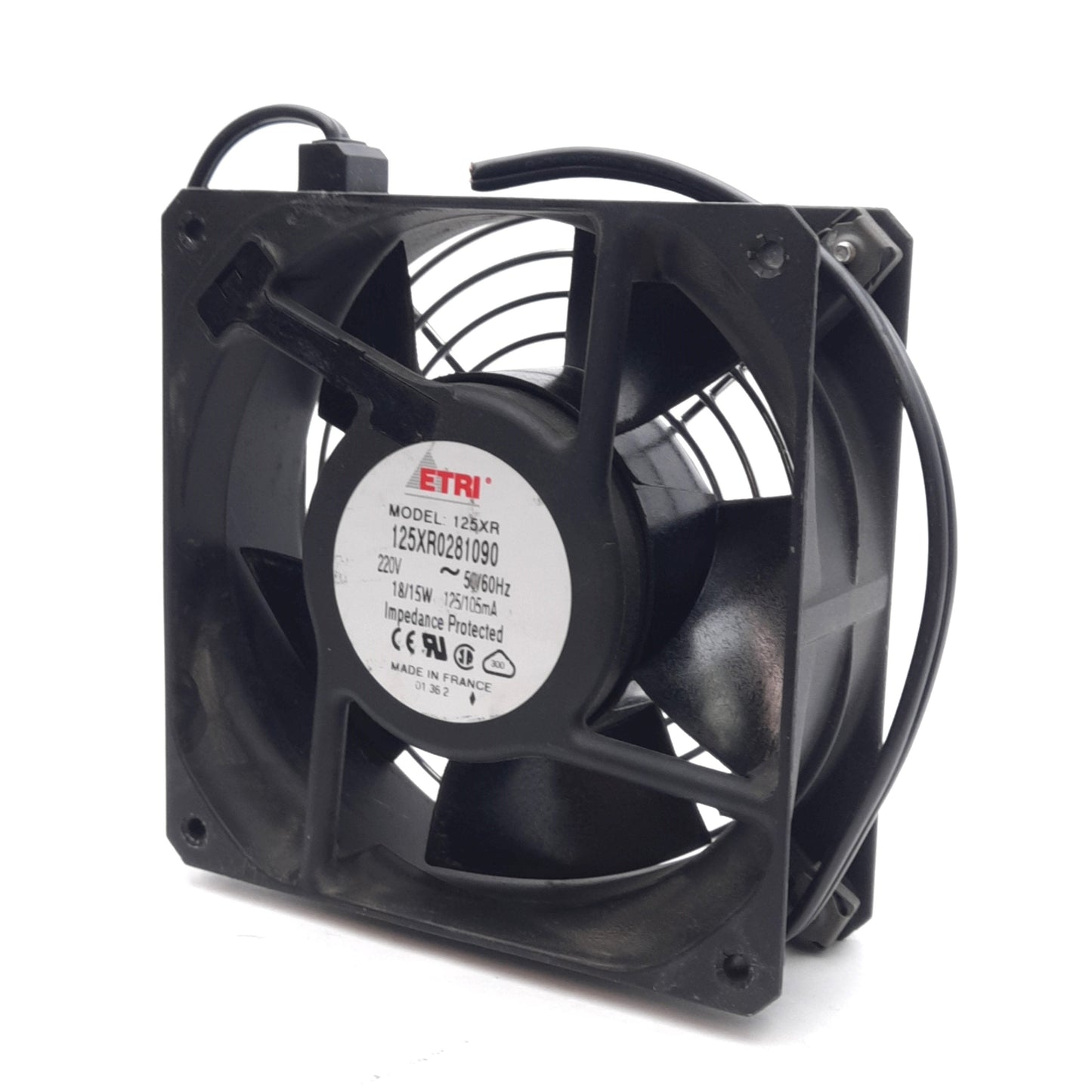 Used ETRI 125XR0281090 Cooling Fan, 220VAC 15W, 112.36CFM, 3200RPM, 48dBA, 4.75x4.75"