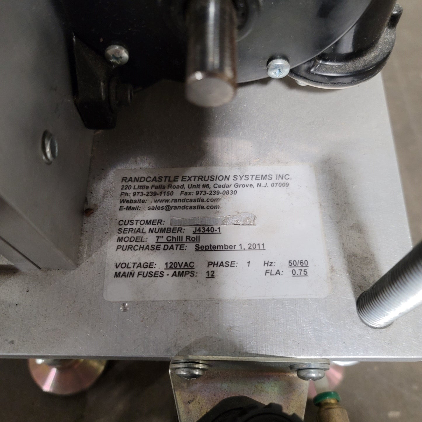 Used Randcastle Horizontal 7" Chill Roll Take Off For Cast Film 120VAC 12A 50/60Hz
