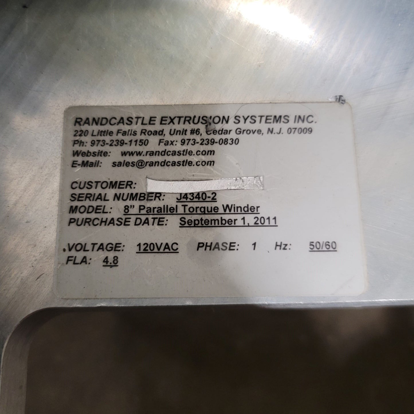 Used Randcastle 8" Wide Parallel Torque Winder For Standard 3" Paper Cores 120VAC 4A