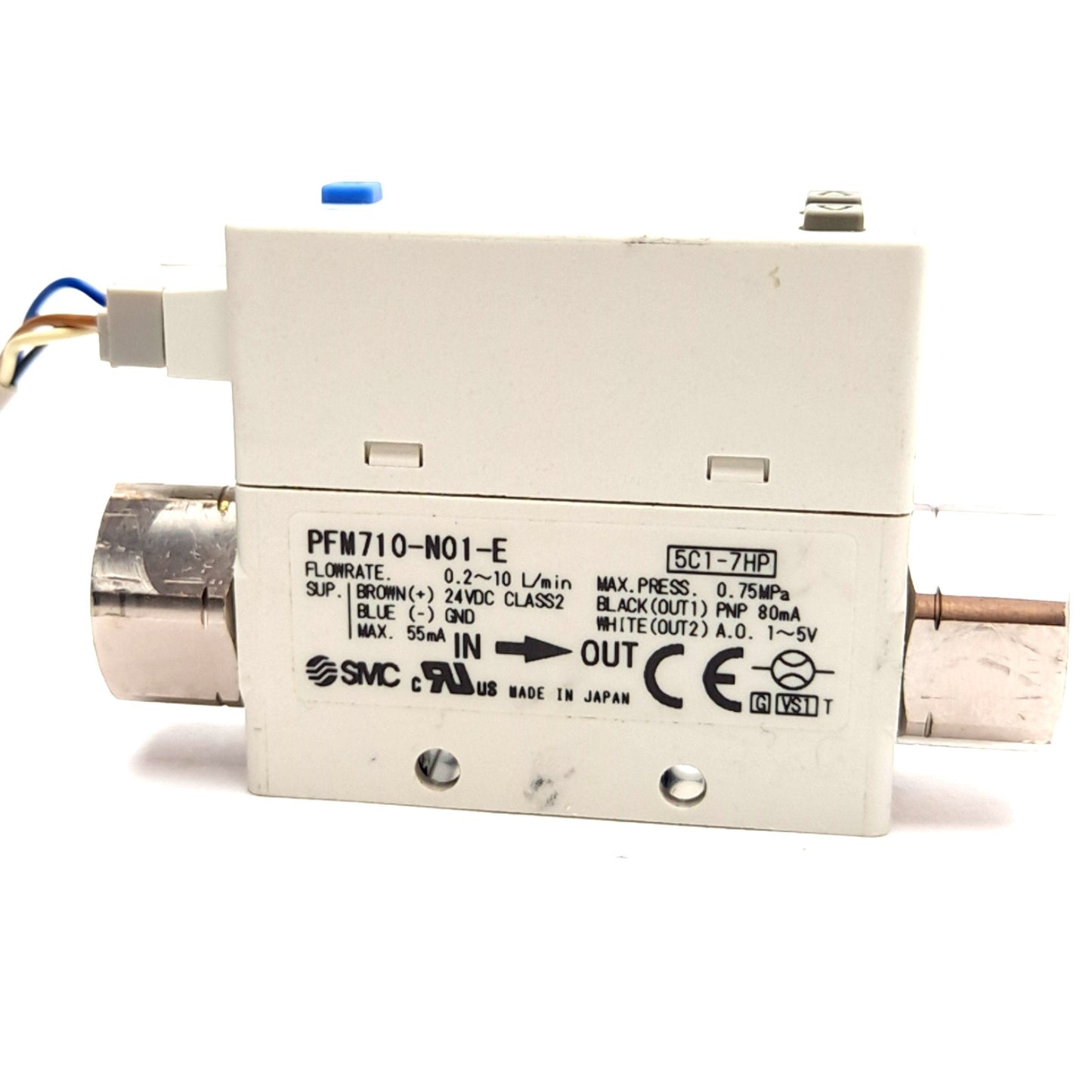 Used SMC PFM710-N01-E Digital Flow Switch, 24VDC, 1/8" NPT, PNP, 0.75MPa, 0.2-10L/min