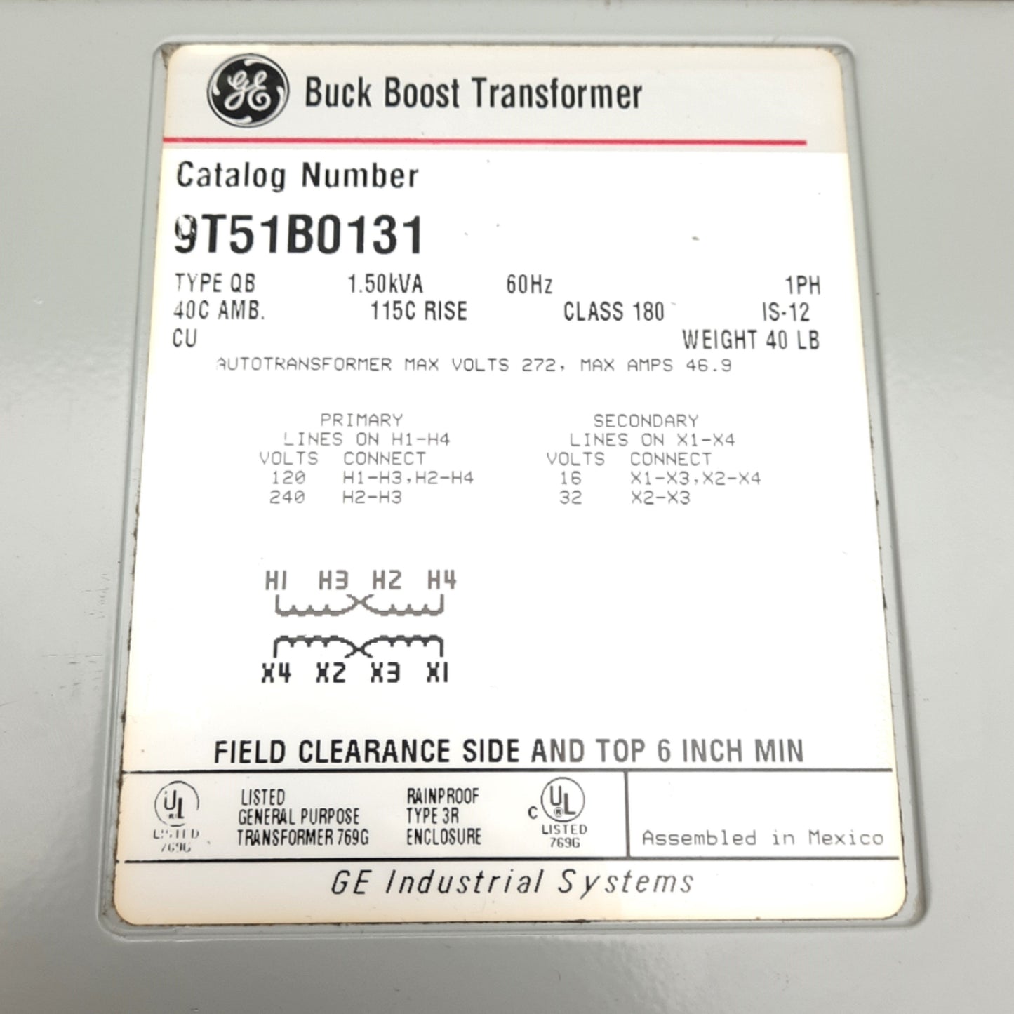 Used General Electric 9T51B0131 Buck Boost Transformer 120/240V IN 16/32V OUT 1.5kVA