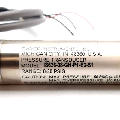 Used Dwyer IS626-08-GH-P1-E3-S1 Pressure Transmitter, 4-20mA Output, 0-30psig