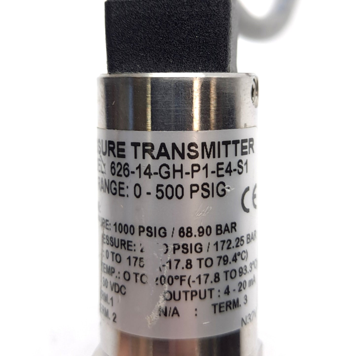 Used Dwyer 626-14-GH-P1-E4-S1 Pressure Transmitter, 4-20mA Output, 0-500psi