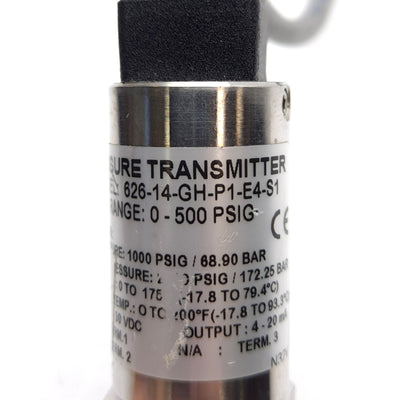 Used Dwyer 626-14-GH-P1-E4-S1 Pressure Transmitter, 4-20mA Output, 0-500psi