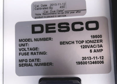 Used Desco 19500 Anti Static, Bench Top Ionizer 120VAC, 5A, 117CFM
