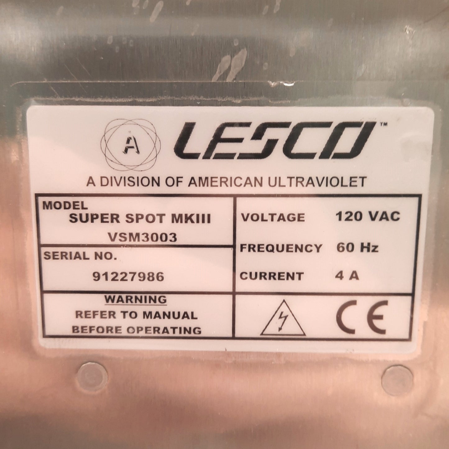 Used Lesco VSM3003 Super Spot MK III Ultraviolet Light Spot Curing System, *No Bulb*