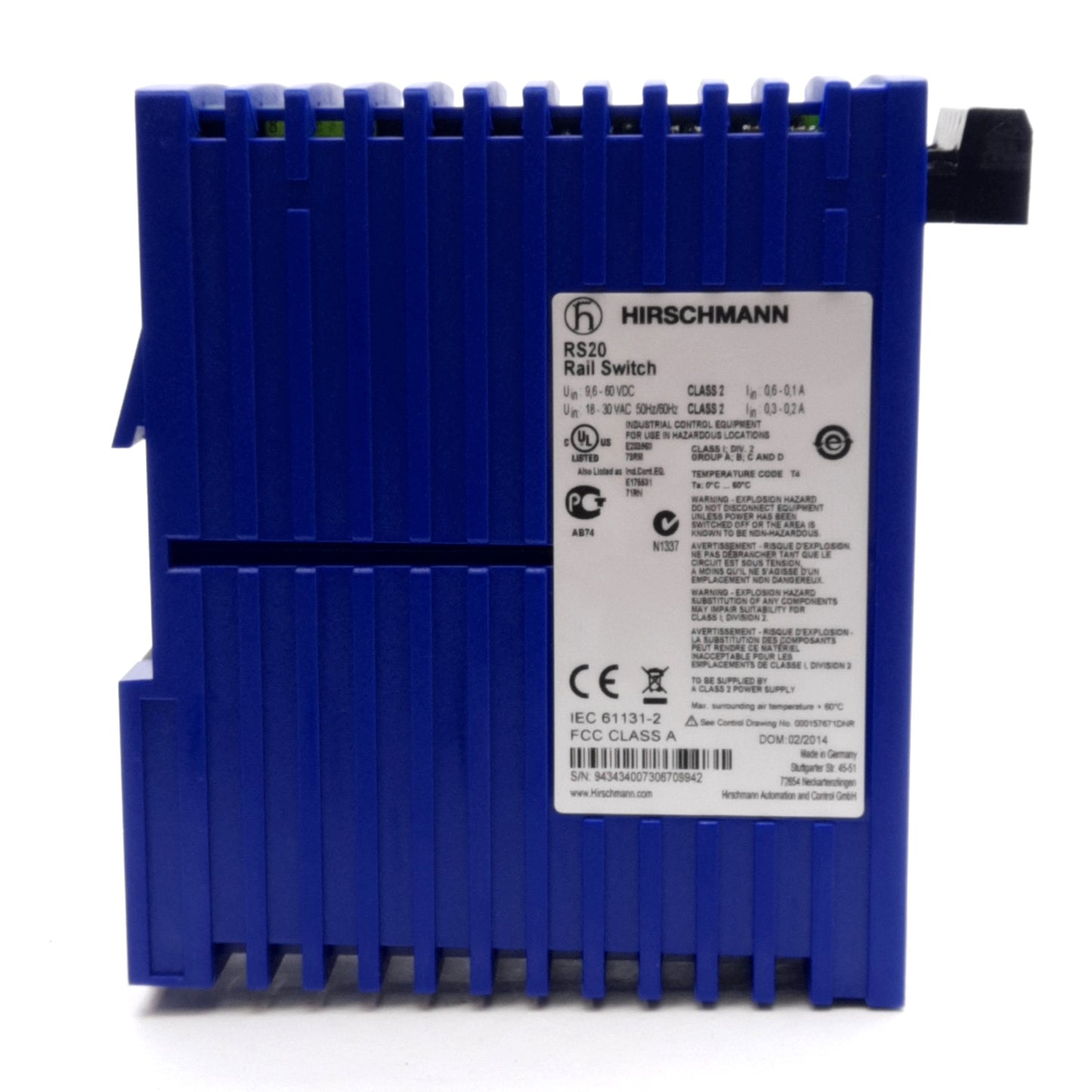 Used Hirschmann RS20-0400T1T1SDAEHH08.0.01 Rail Switch, 9.6-60VDC/18-30VAC, RJ45