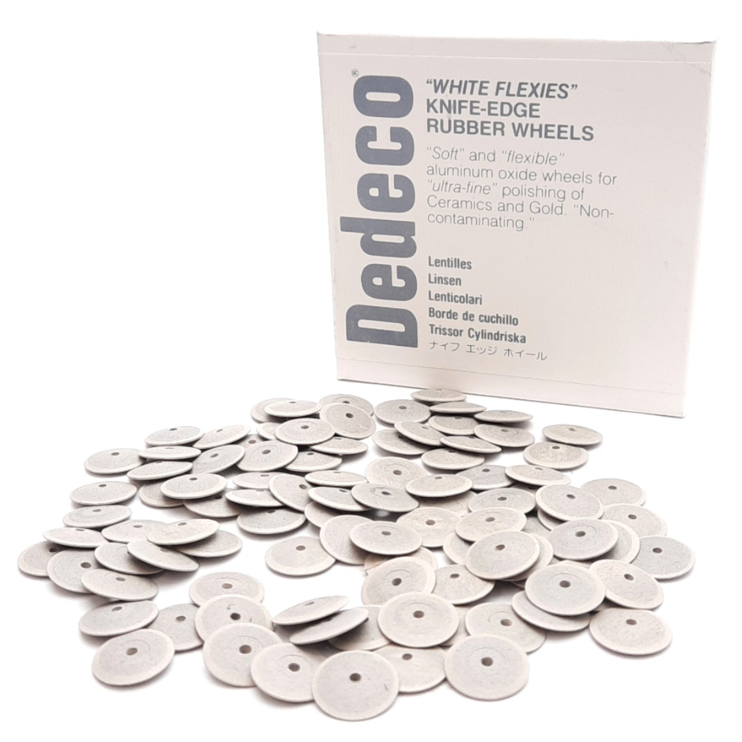 Used Lot of 100 Dedeco 4981 White Flexies Knife-Edge Rubber Wheels, ø5/8in Ultra Fine
