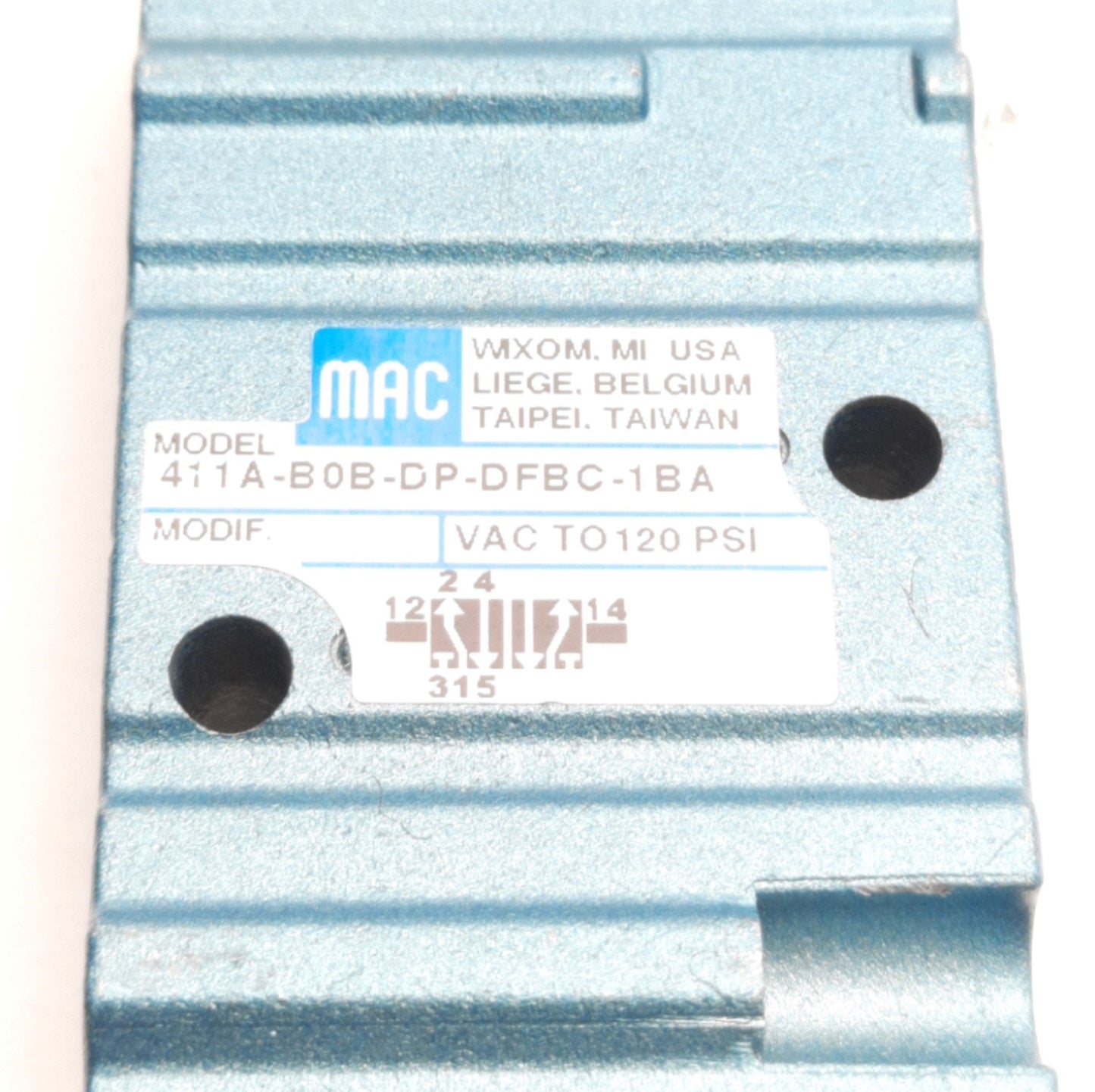 Used Mac Valves 411A-BOB-DP-DFBC-1BA Solenoid Valve, 5/2Way, 1/4" NPTF, 24VDC Coil
